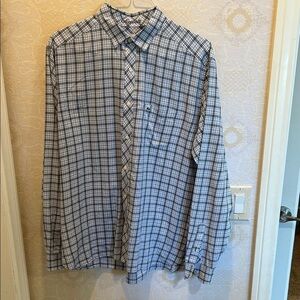Lacoste Men's White and Blue Plaid Button Up Shirt in Size 44